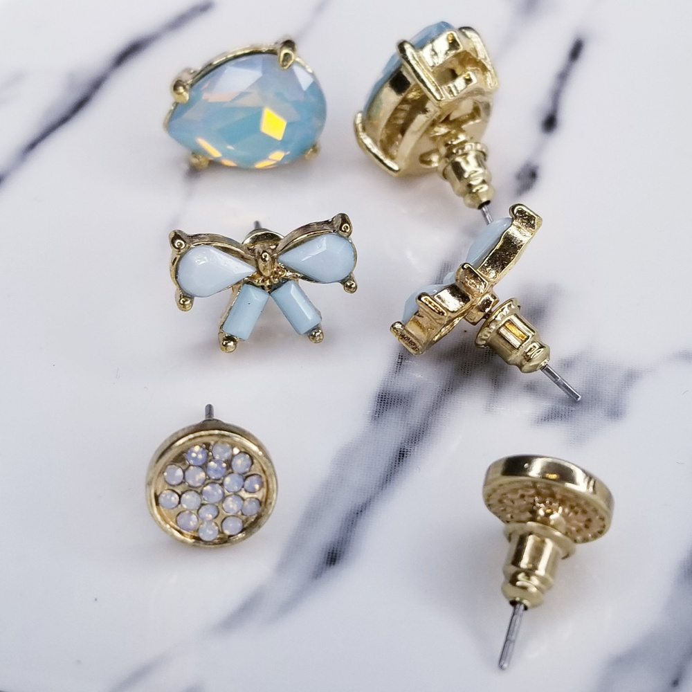 Blue Iridescent Teardrop Bow Stud Earring Set - Picture 2 of 2